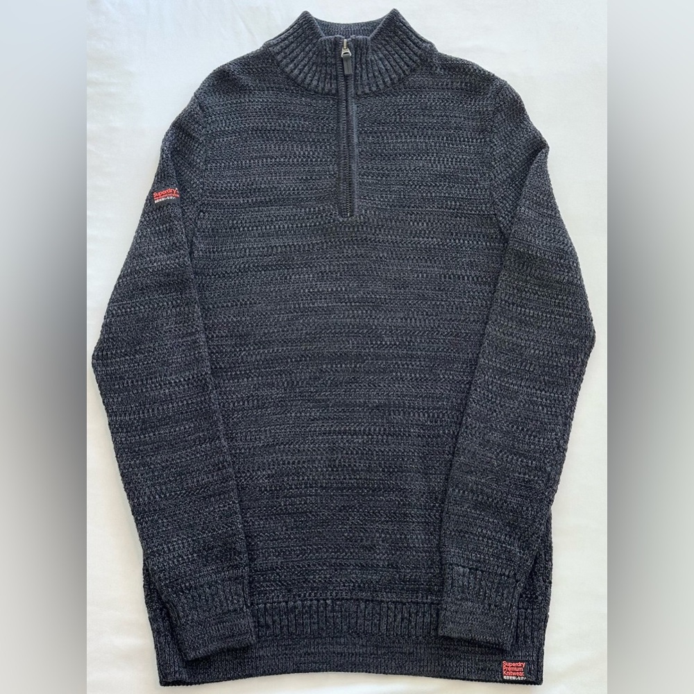 Superdry Premium Knitwear Half Zip Sweater | Charcoal | 100% Cotton | Size M